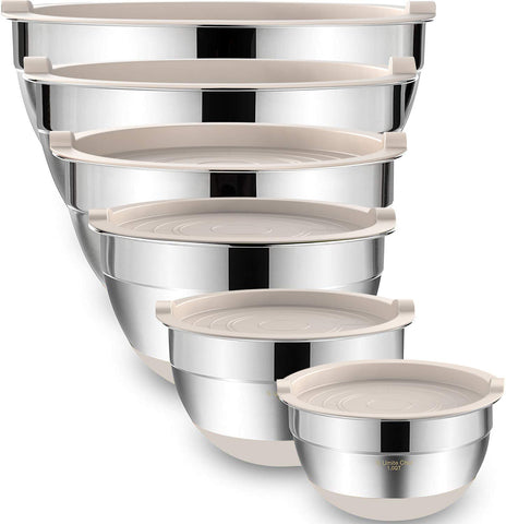 Umite Chef mixing bowls with tight-fitting lids keep ingredients fresh during prep.