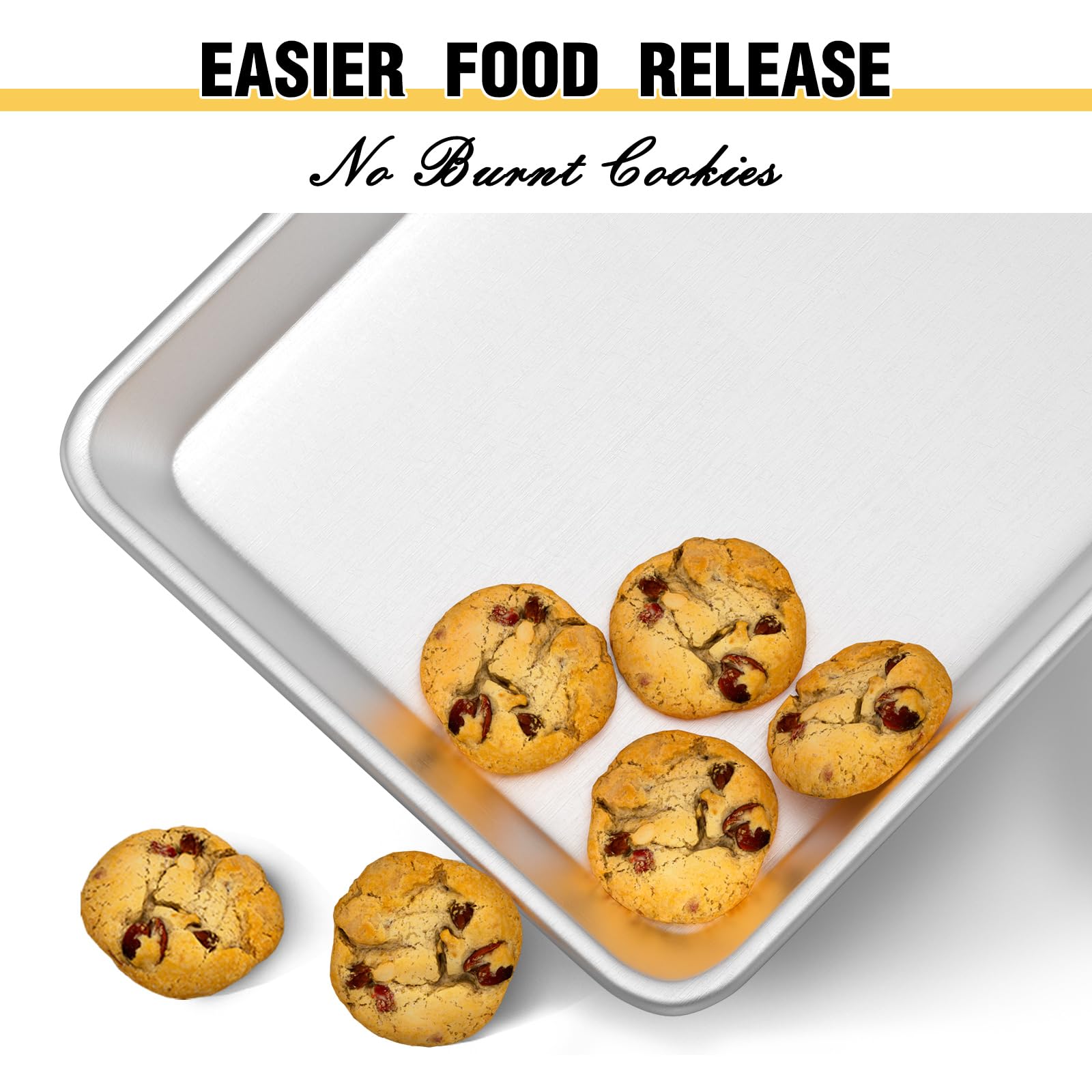 Umite Chef natural aluminum cookie sheet in side-angle view promoting even cooking.