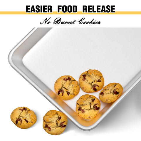 Umite Chef natural aluminum cookie sheet in side-angle view promoting even cooking.
