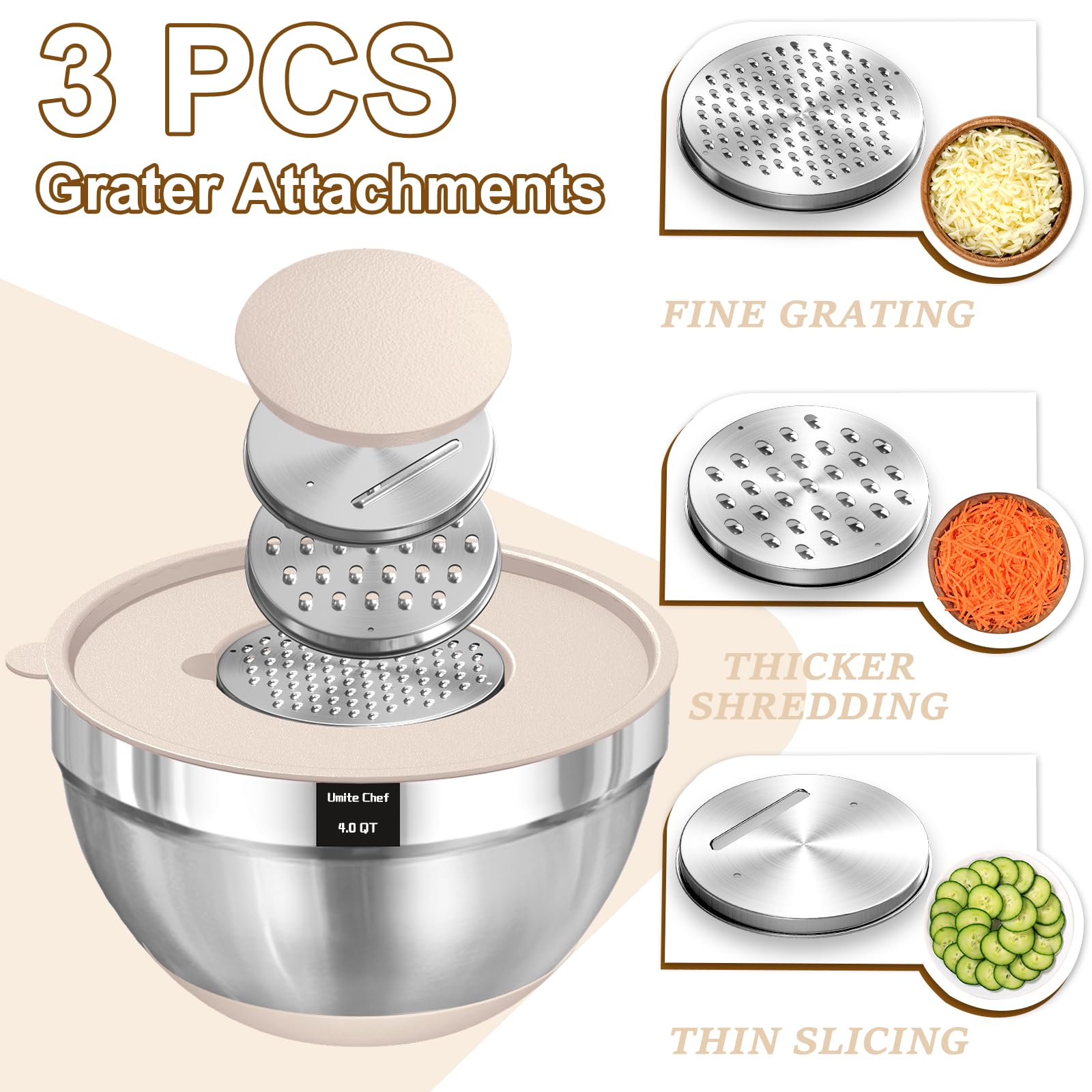 Umite Chef bowls feature non-slip silicone bottoms for steady mixing.