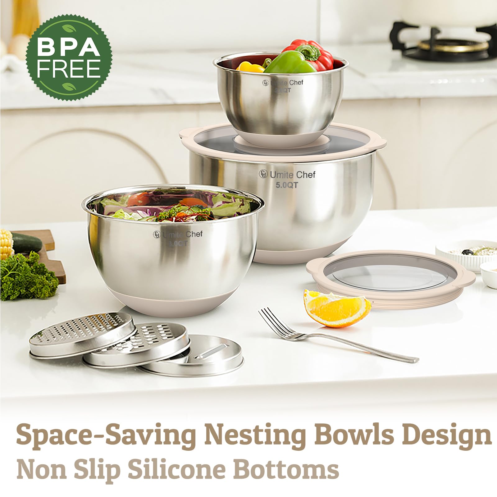 Umite Chef non-slip silicone bottom keeps bowls steady while mixing.