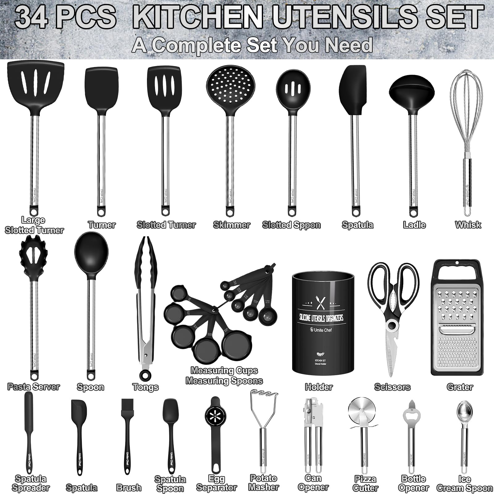 Umite Chef heat-resistant silicone heads withstand high heat up to 446 degrees Fahrenheit.