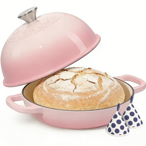 Umite Chef pink cast iron Dutch oven with lid for bakery-quality crust and even heat.
