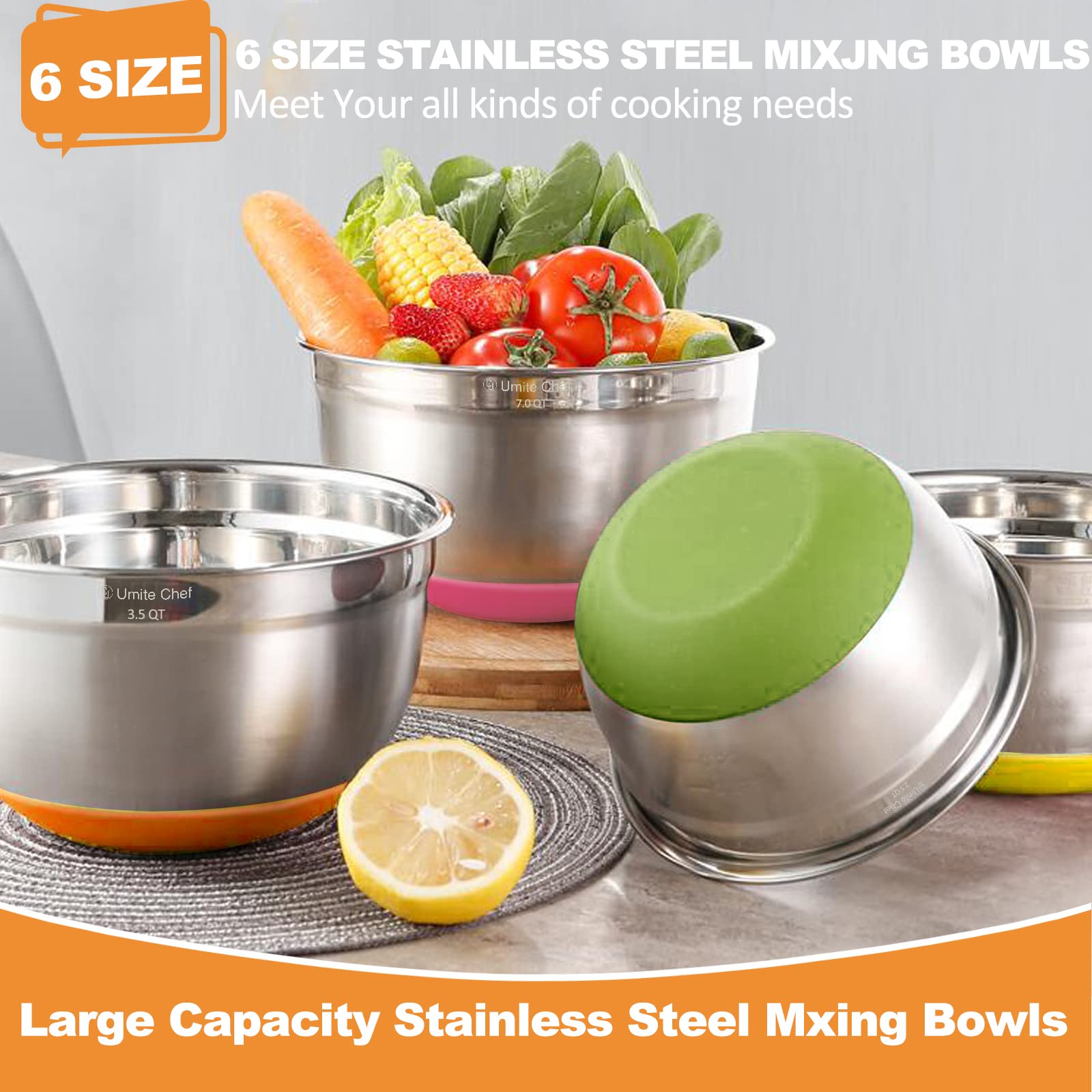 Umite Chef stainless bowls with fingerprint-proof exterior for tidy counters