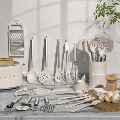 Umite Chef utensils with stainless steel handles wrapped in silicone for durability.