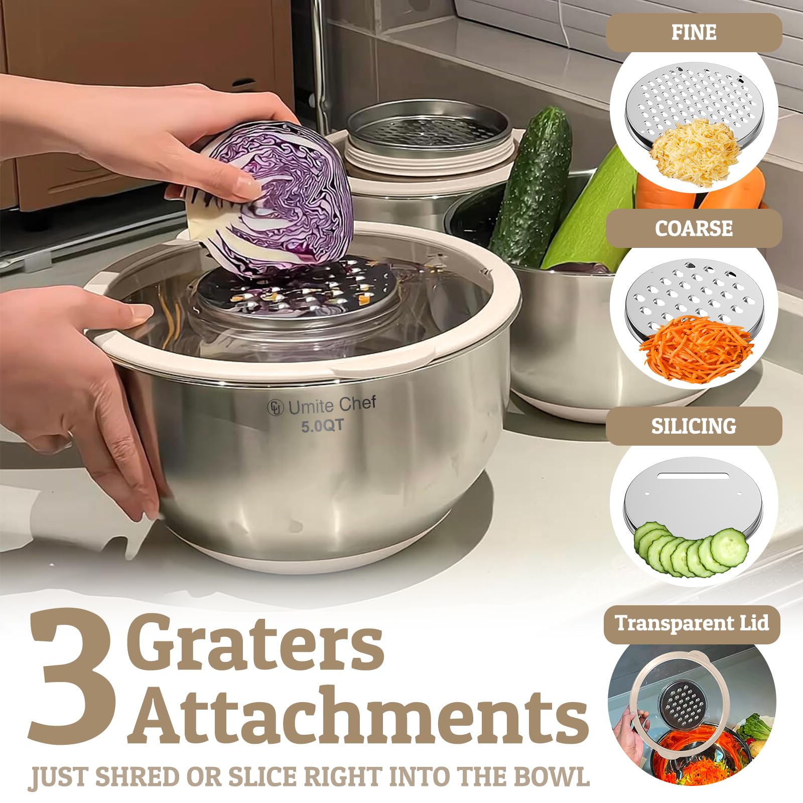 Umite Chef three grater attachments enable quick prep directly in bowls.