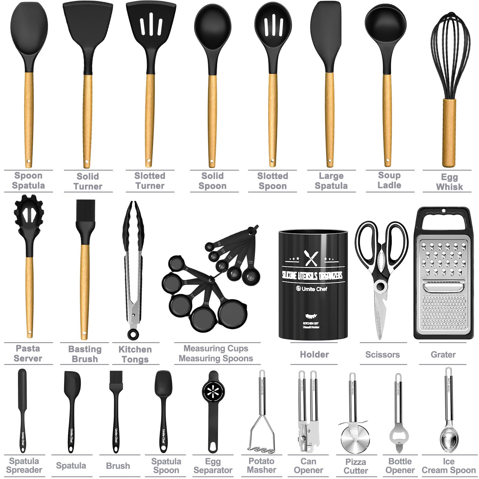 Umite Chef wooden handle utensils provide comfortable grip and control.
