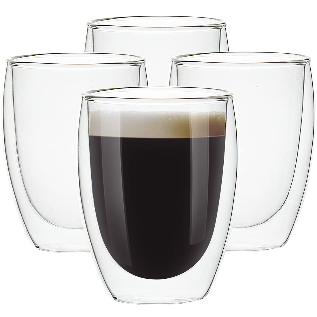 UMIZILI double-wall espresso glass showing 12oz capacity with heat-free handling.