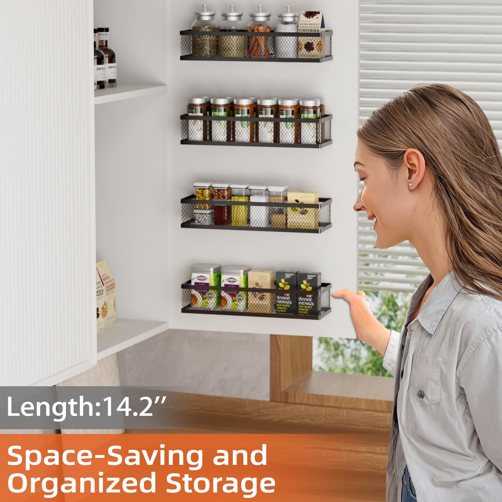 Umomi spice rack baskets neatly hold bottles and jars for organized kitchen essentials.