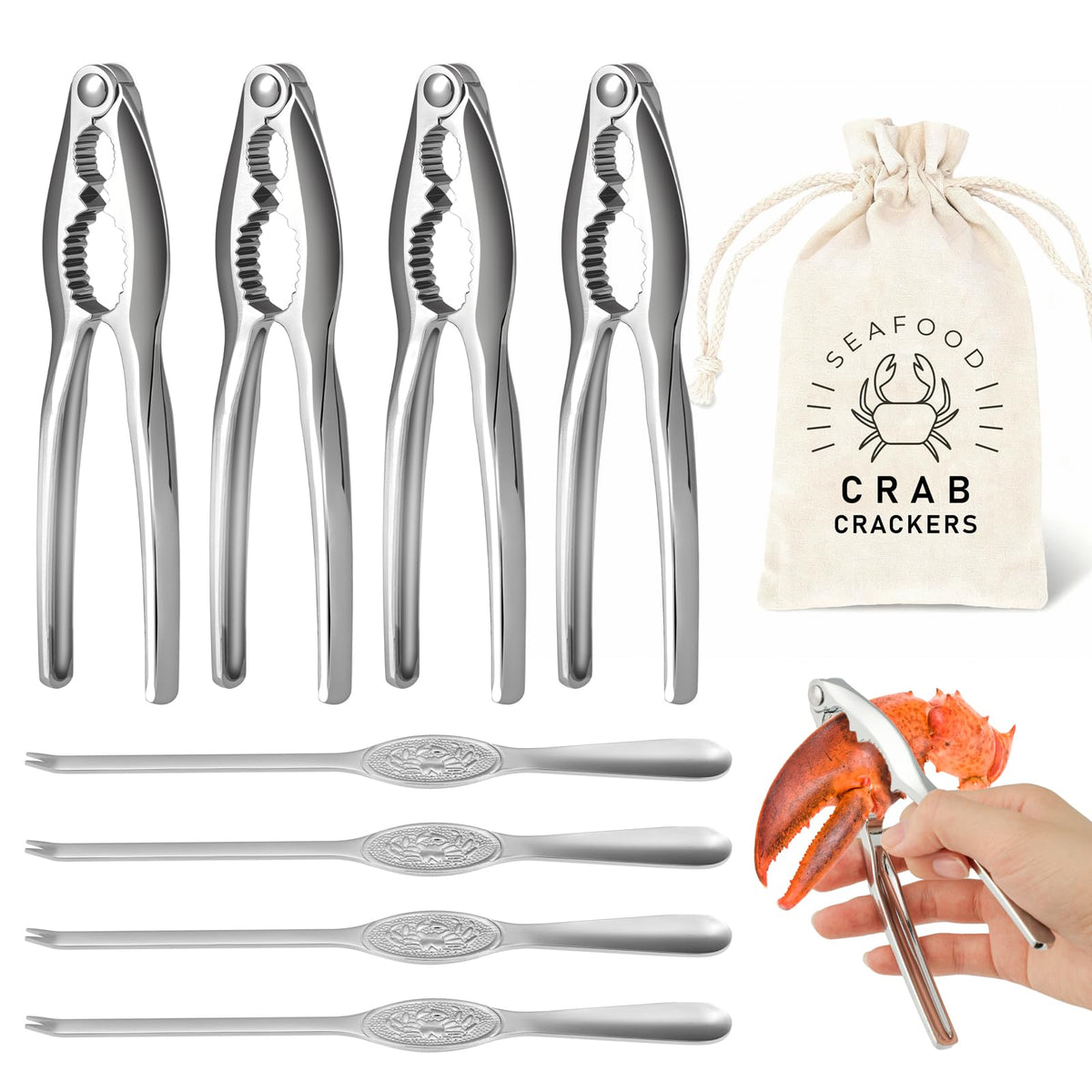UNBOXING MOMENTS 8-piece lobster crackers and picks set with storage bag for easy seafood prep.