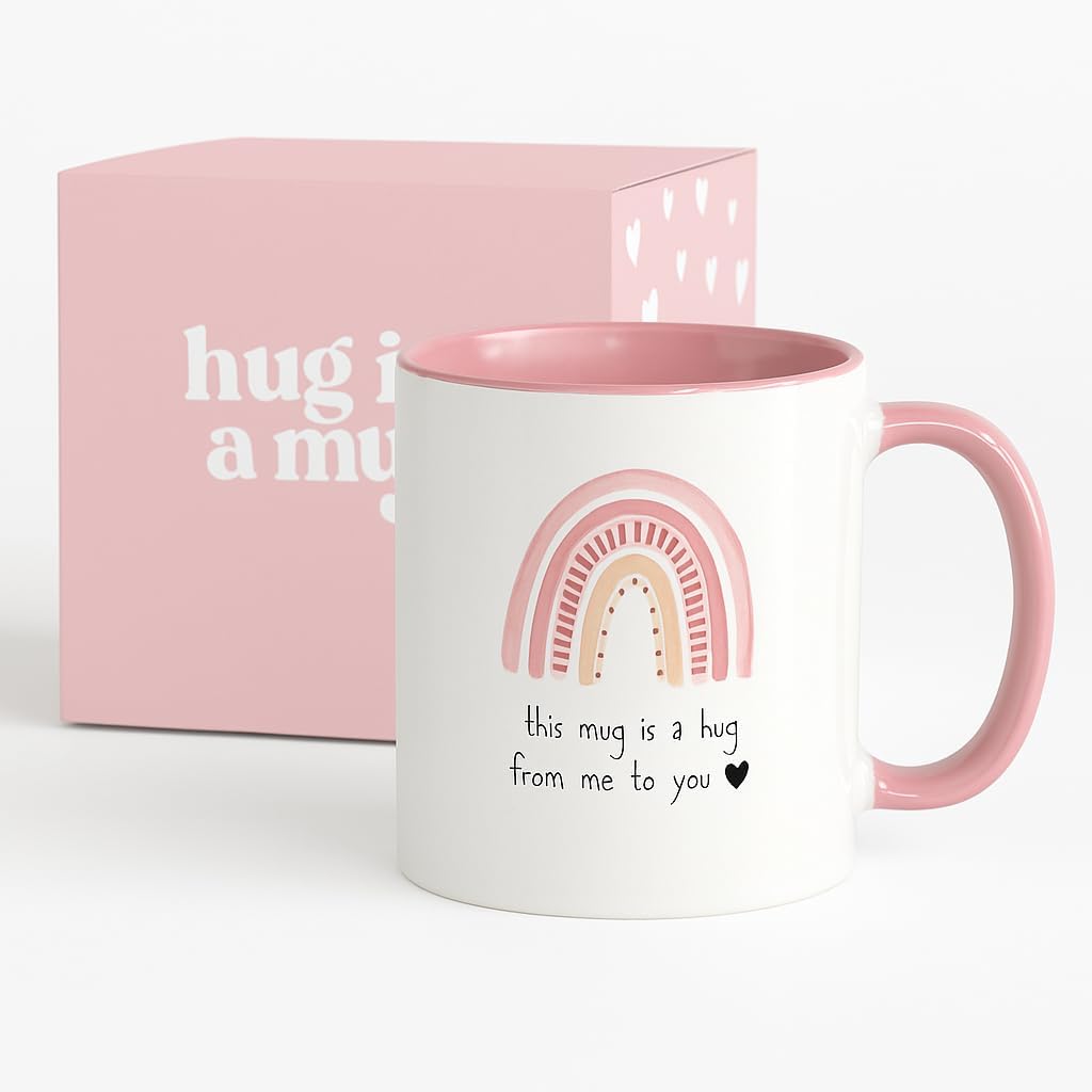 Unboxme Gifts Hug in a Mug pink 12oz ceramic mug for cozy mornings.