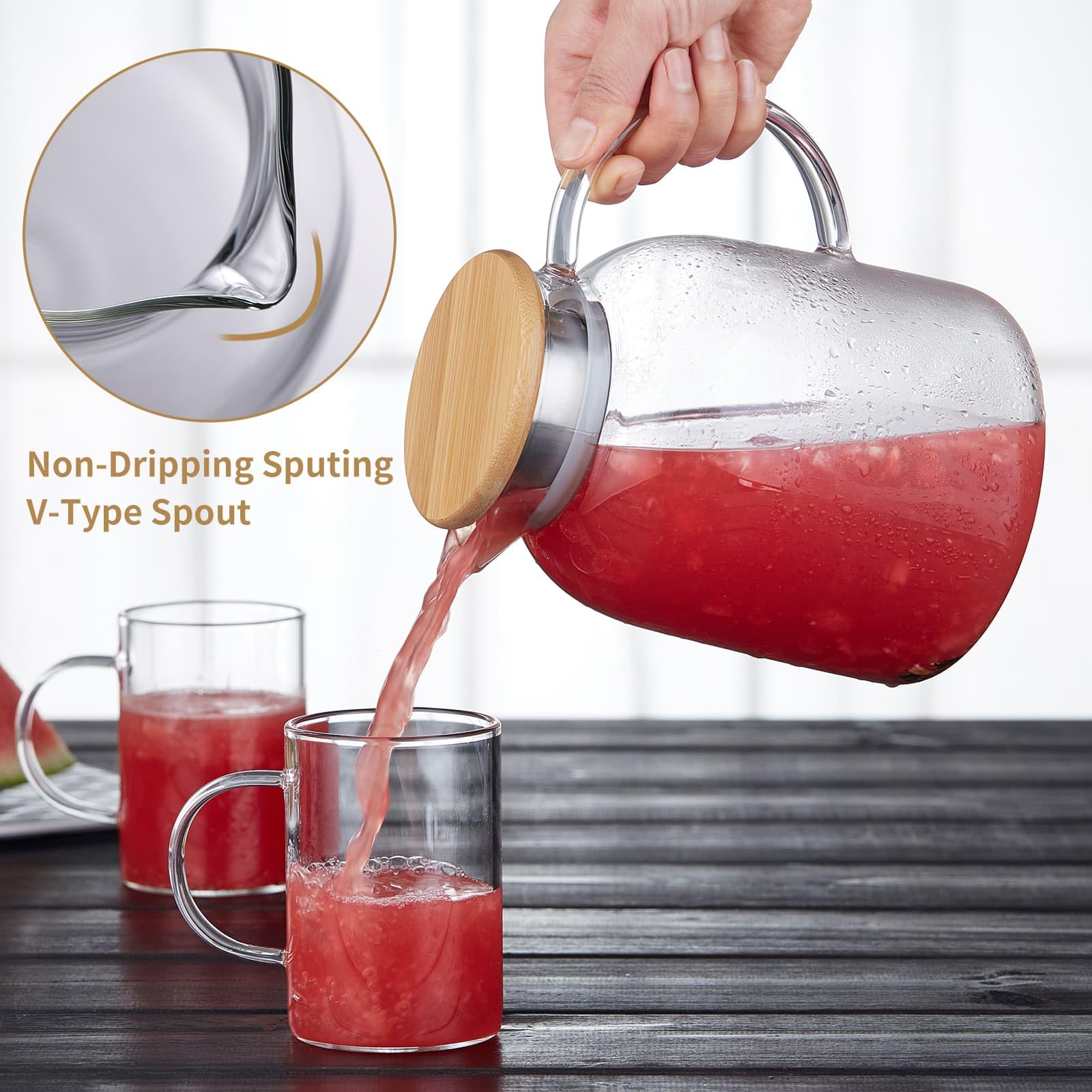 Unbreakable 68 oz pitcher shown full, ideal for large servings of tea or juice.