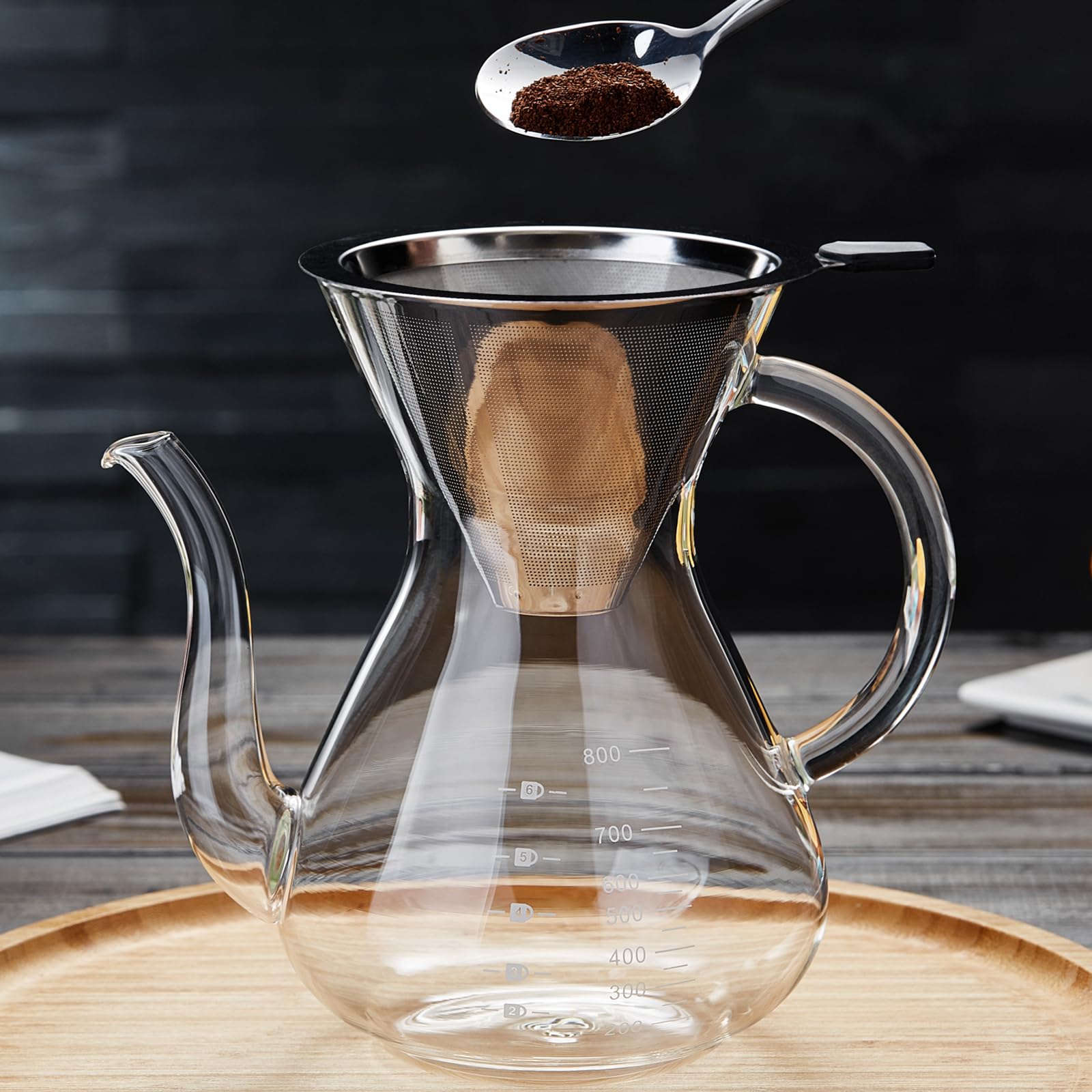 Unbreakable pour-over with borosilicate glass body for heat resistance and clarity