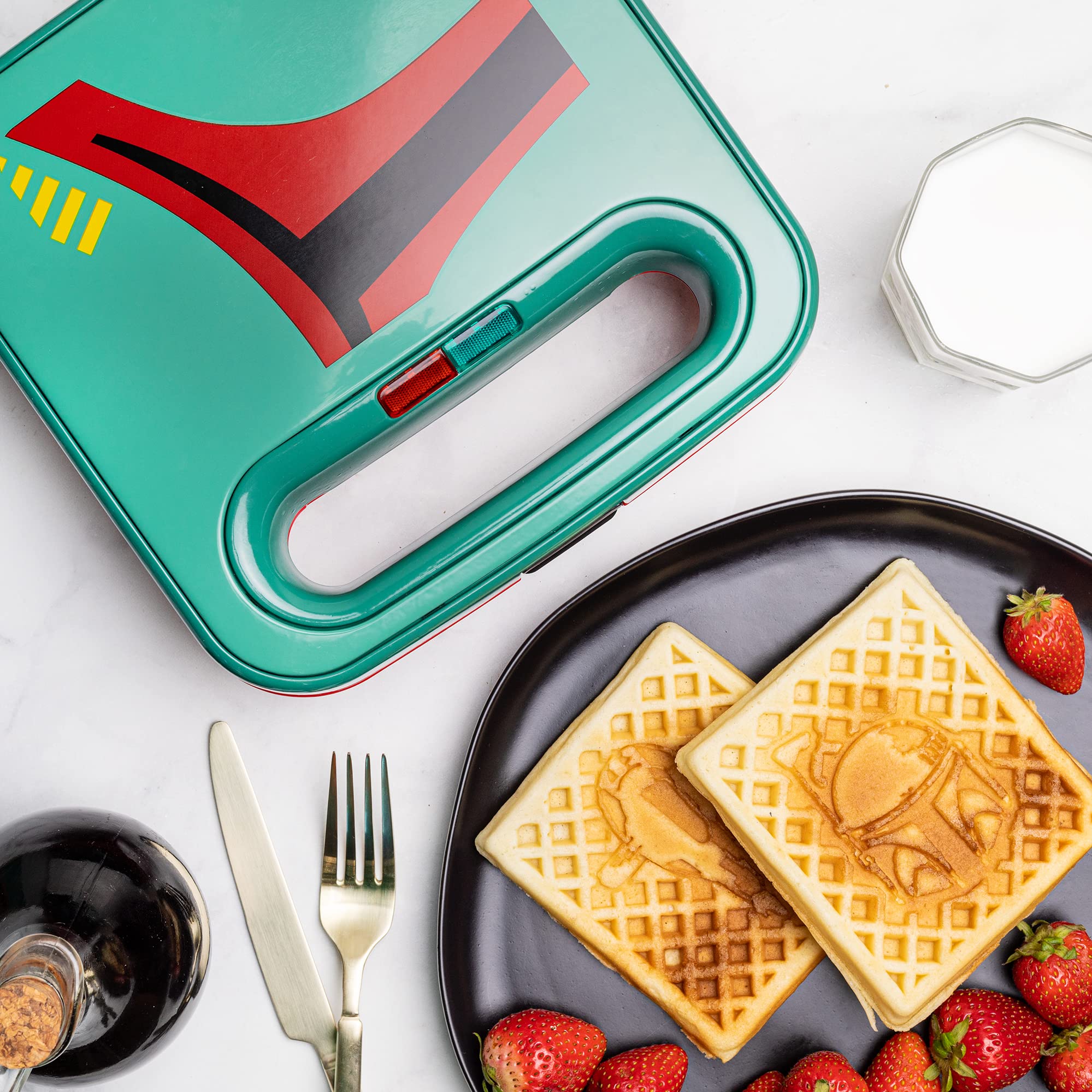 Uncanny Brands Boba Fett two waffles showcase iconic shapes for themed breakfasts.