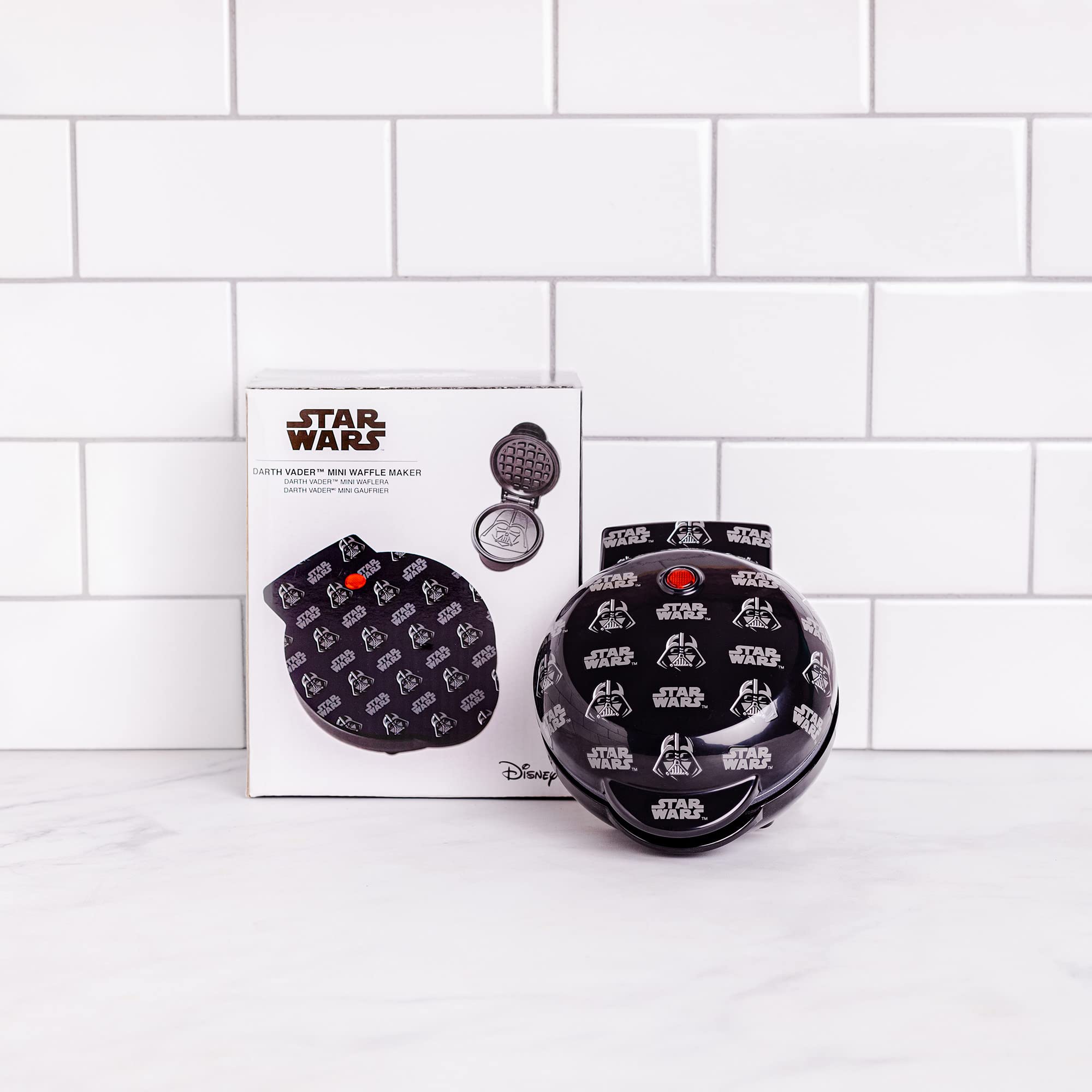 Uncanny Brands Darth Vader mini waffle maker compact design saves space.