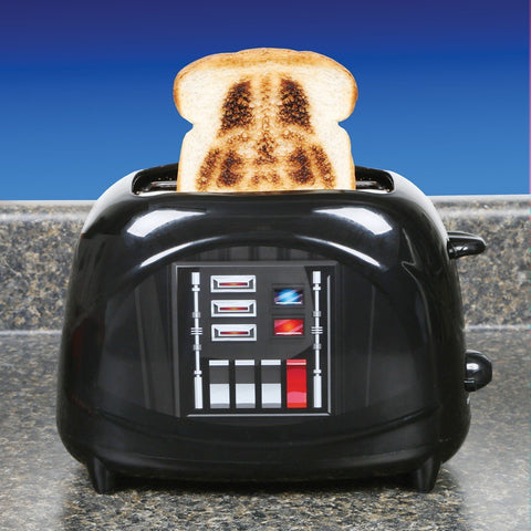 Uncanny Brands Darth Vader toaster chest plate detail adds licensed Star Wars flair.