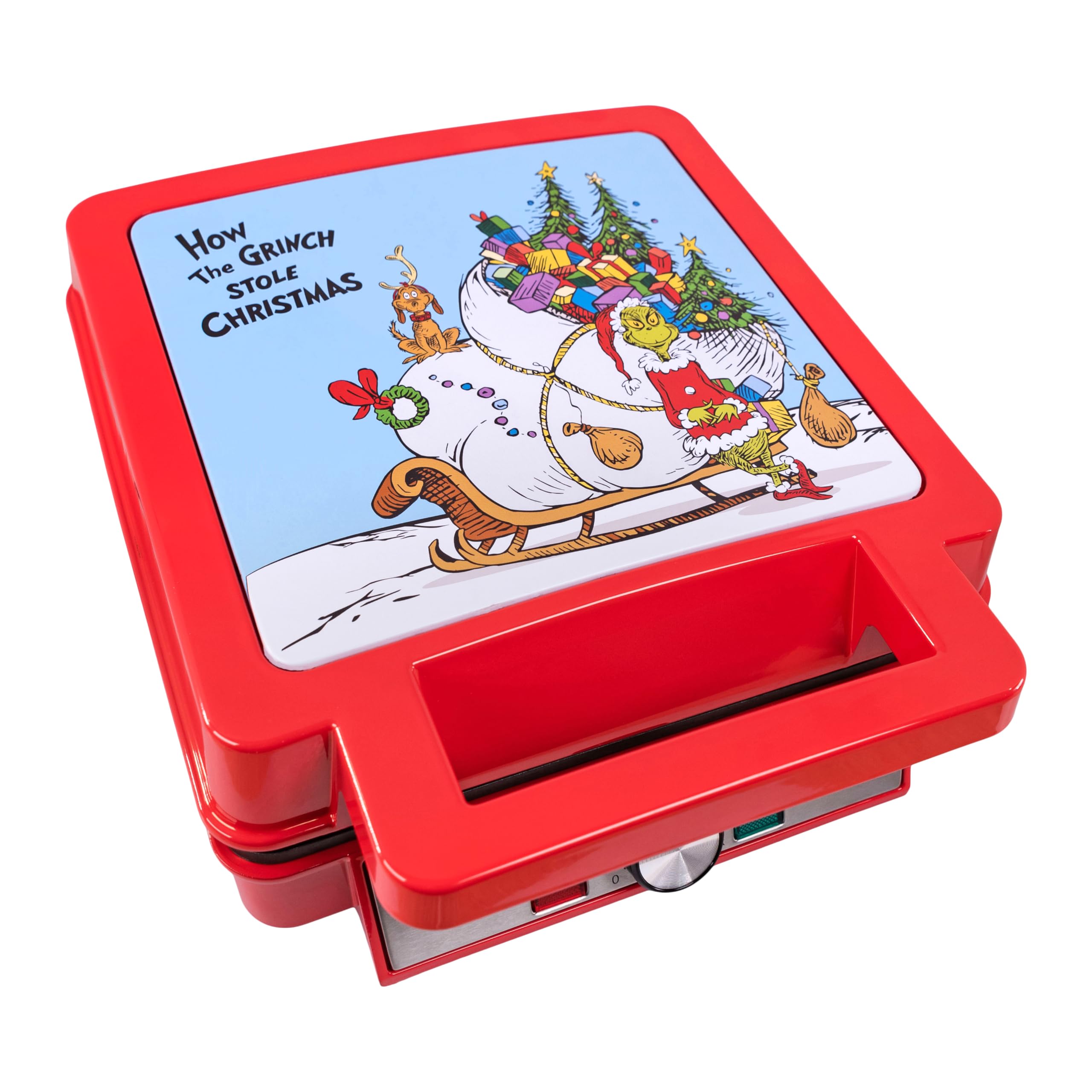 Uncanny Brands Grinch Deluxe Waffler officially licensed for authenticity.
