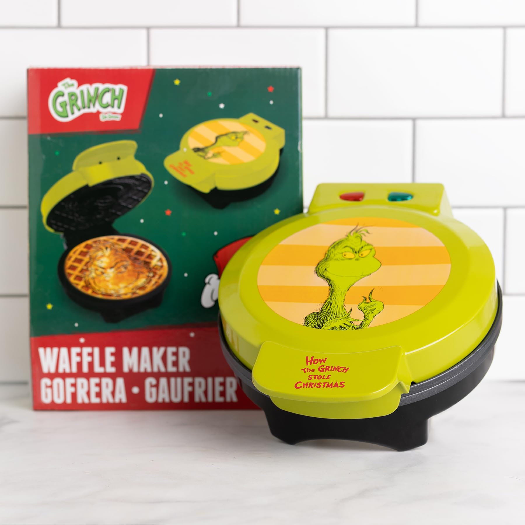 Uncanny Brands Grinch waffle maker measures 7x6x10 inches for compact storage.