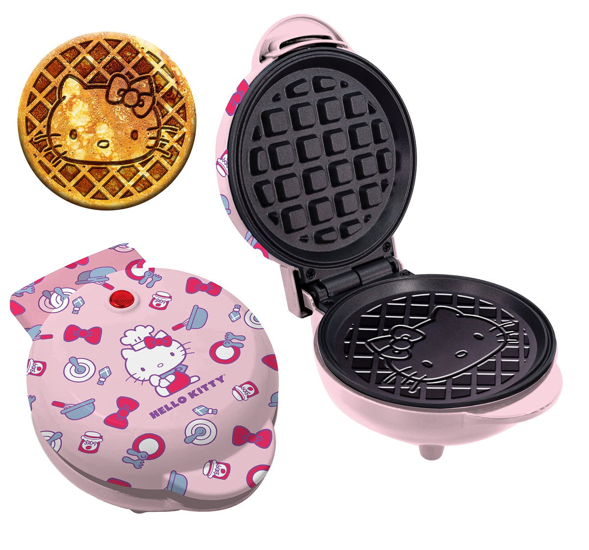 Uncanny Brands Hello Kitty mini waffle maker with lid artwork, compact and easy to clean for quick breakfasts.