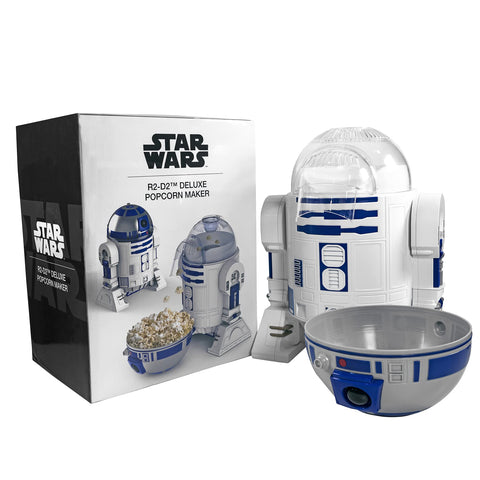 Uncanny Brands R2D2 popcorn maker includes a measuring cup to prevent overfilling