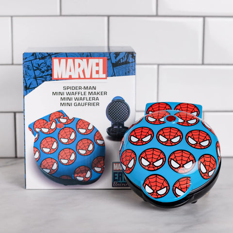 Uncanny Brands Spider-Man mini waffle maker compact design fits small kitchens and dorms.