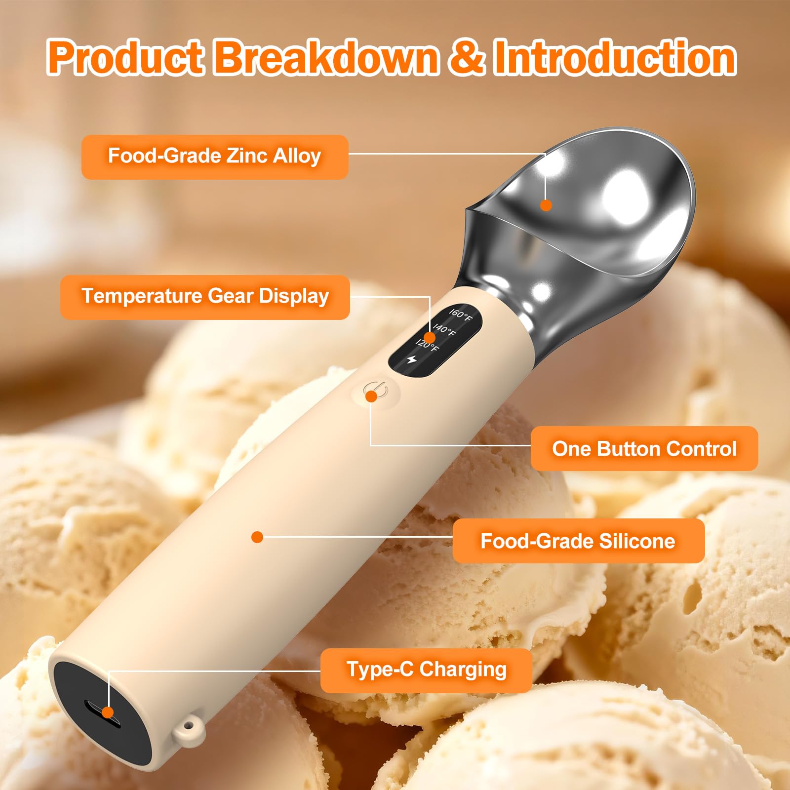 Undersary heated scoop with LED display for precise temperature monitoring