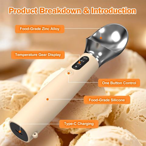 Undersary heated scoop with LED display for precise temperature monitoring