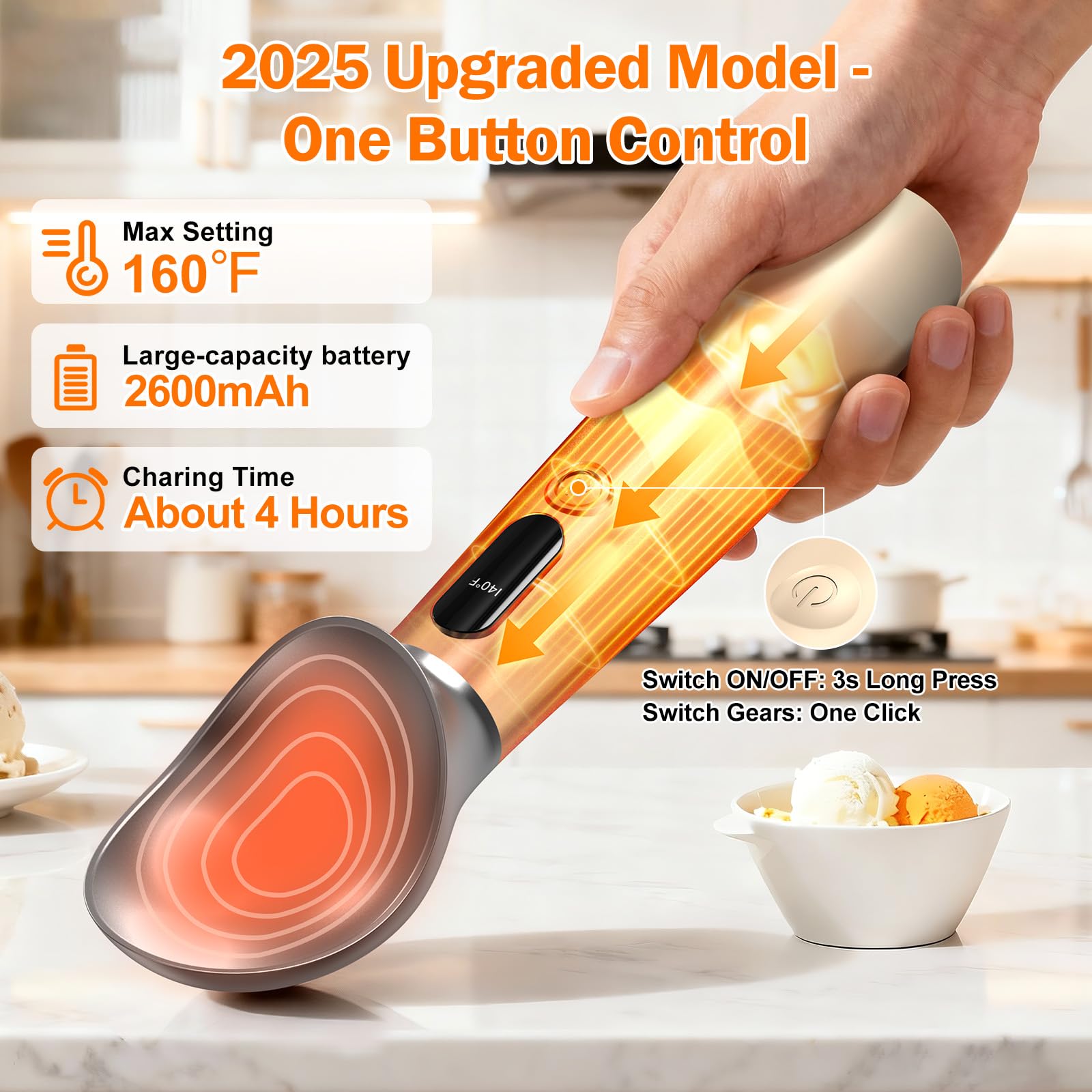 Undersary heated scoop charging via USB-C for fast, cordless scooping