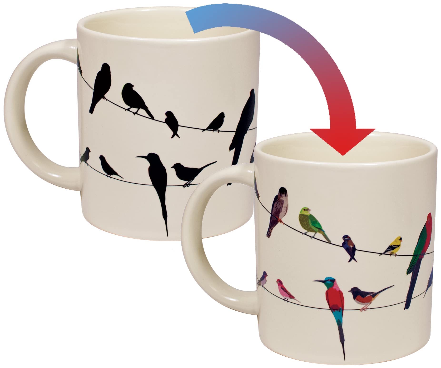 The Unemployed Philosophers Guild Birds on a Wire mug reveals color birds when hot.