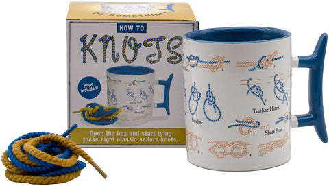 The Unemployed Philosophers Guild how-to-tie-knots-mug showing knot practice with coffee