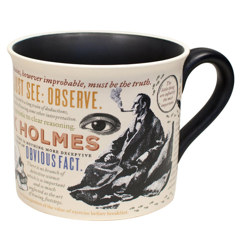 Colorful iconography on mug celebrating popular Holmes stories for fans.