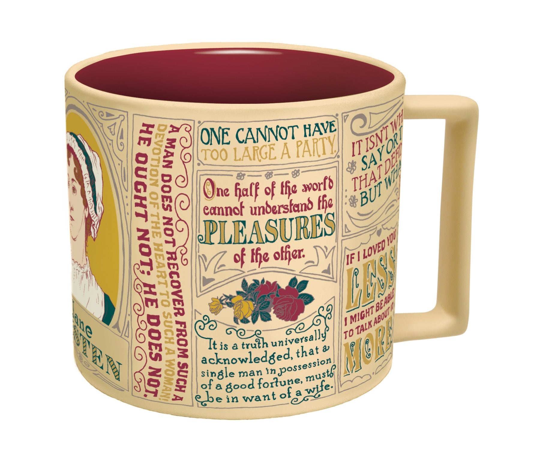 Glossy ceramic finish on the Jane Austen mug with decorative flourishes.