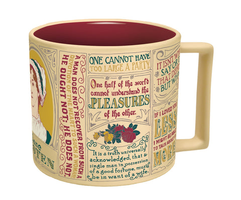 Glossy ceramic finish on the Jane Austen mug with decorative flourishes.