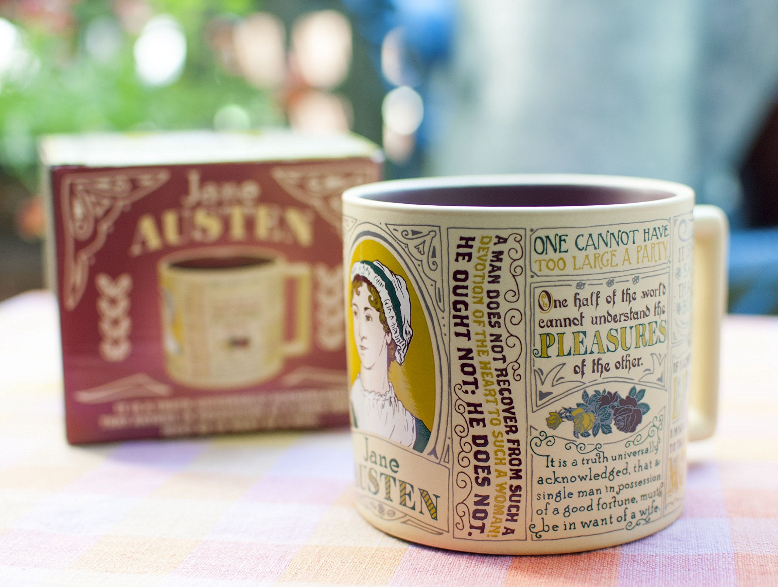 14 oz ceramic Jane Austen mug is microwave safe for everyday use.