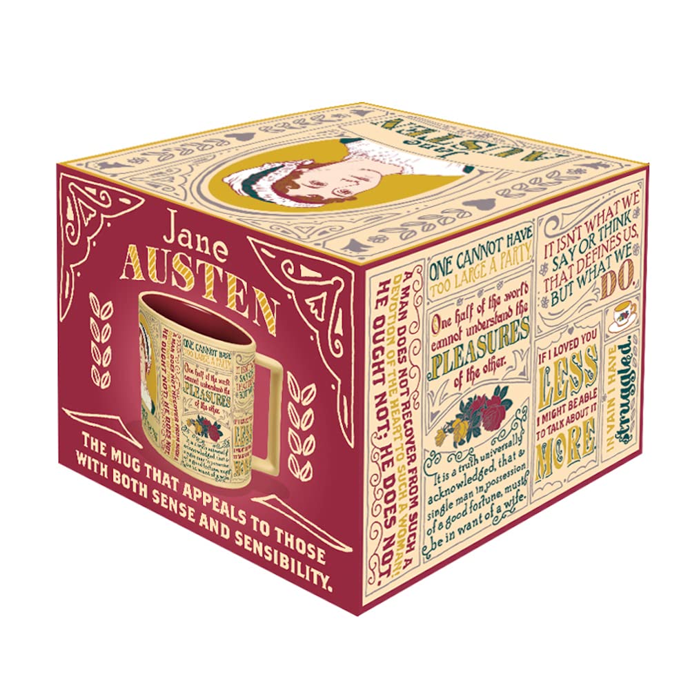 Jane Austen mug displays quotes collage for literature lovers during coffee breaks.