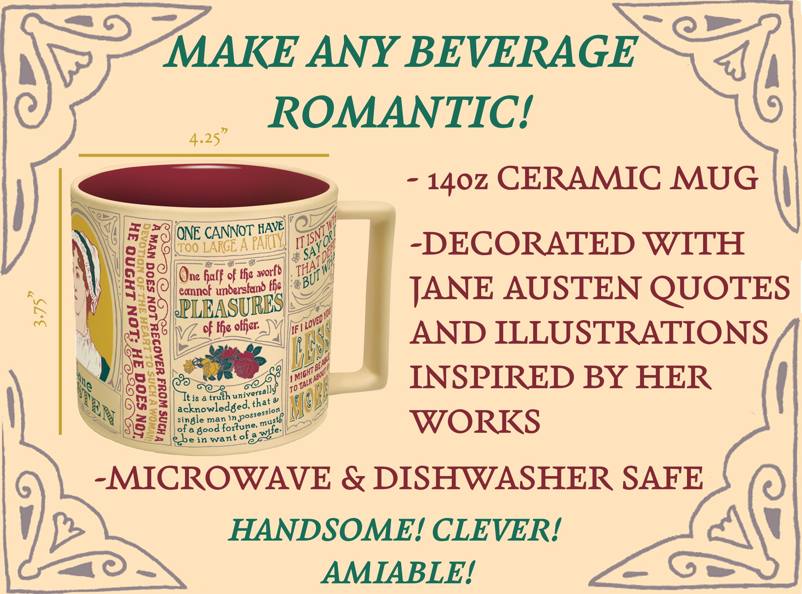 Rectangular-handle design enhances grip on the Jane Austen mug.