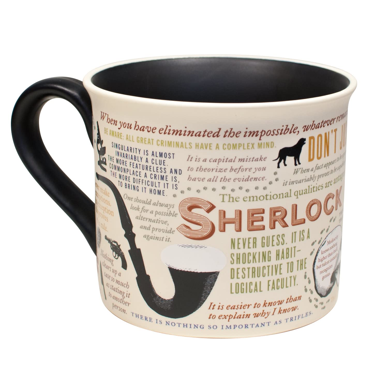 Rules of deduction motif on mug sparks thoughtful coffee-time deductions.