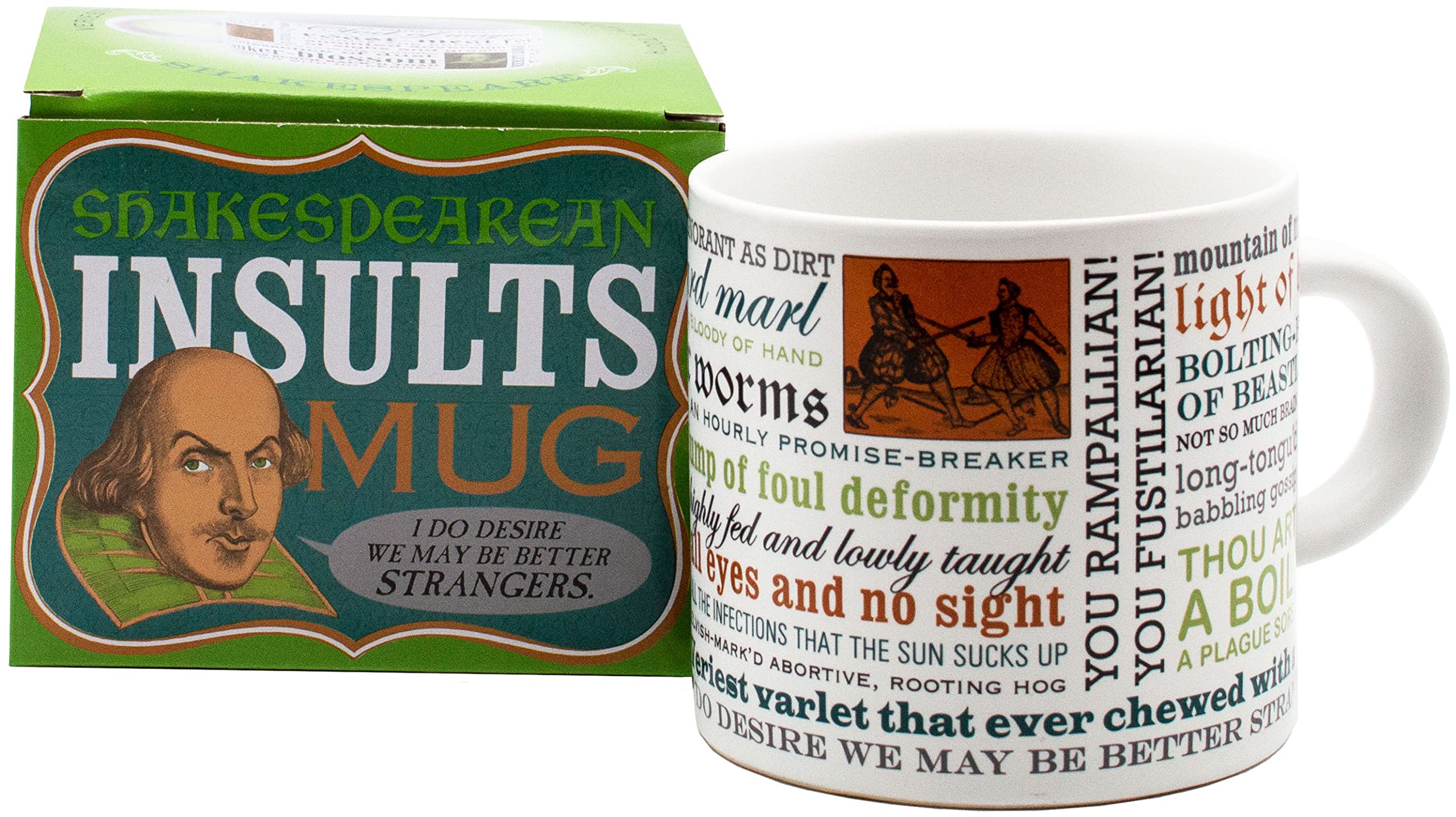 The Unemployed Philosophers Guild Shakespeare mug front view with 30 insults for witty mornings