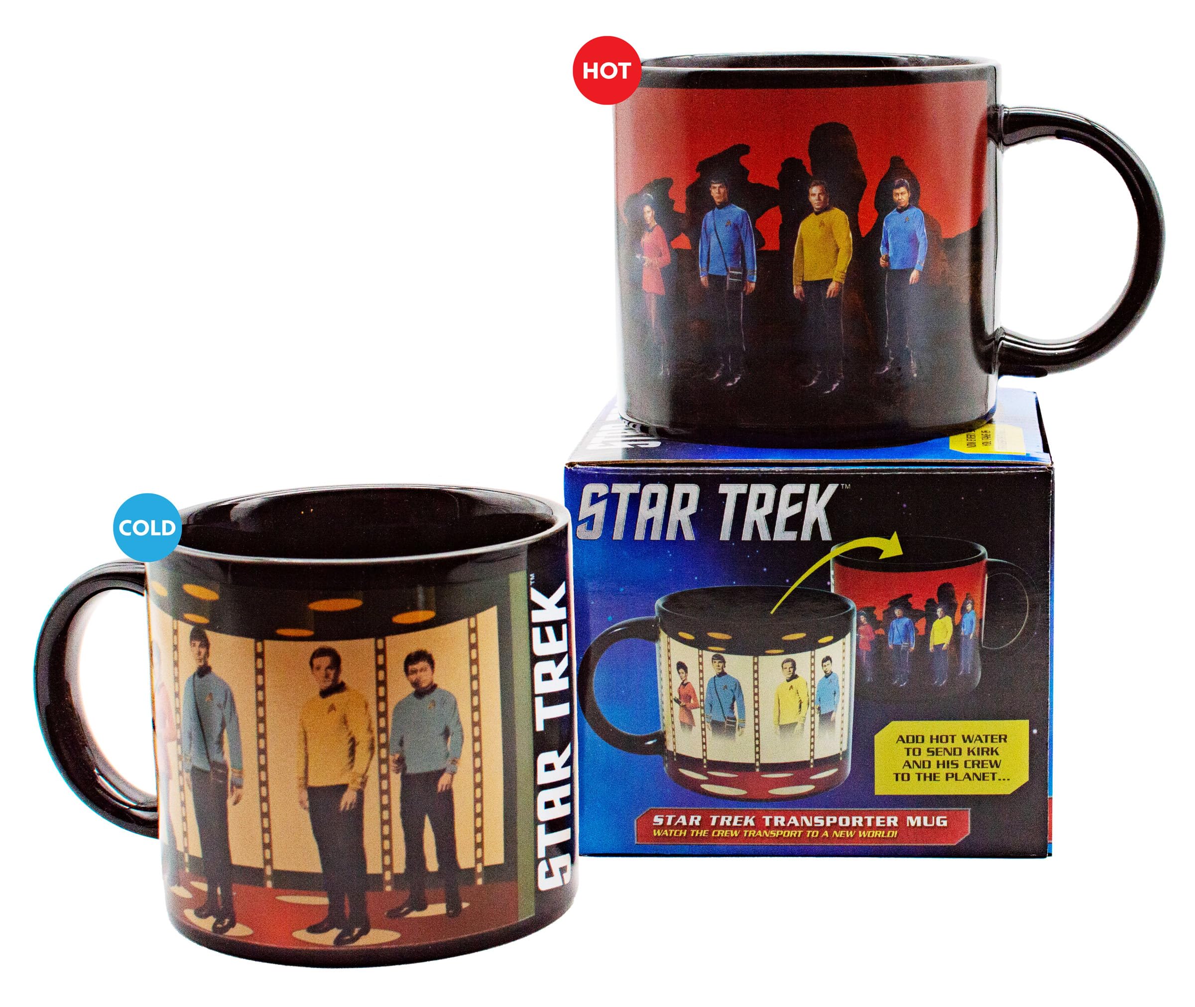 Star Trek transporter mug shows crew in transporter room when heated.