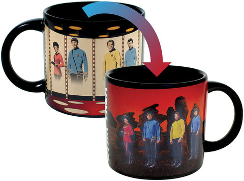 The Unemployed Philosophers Guild Star Trek transporter mug beams Kirk as you pour coffee.