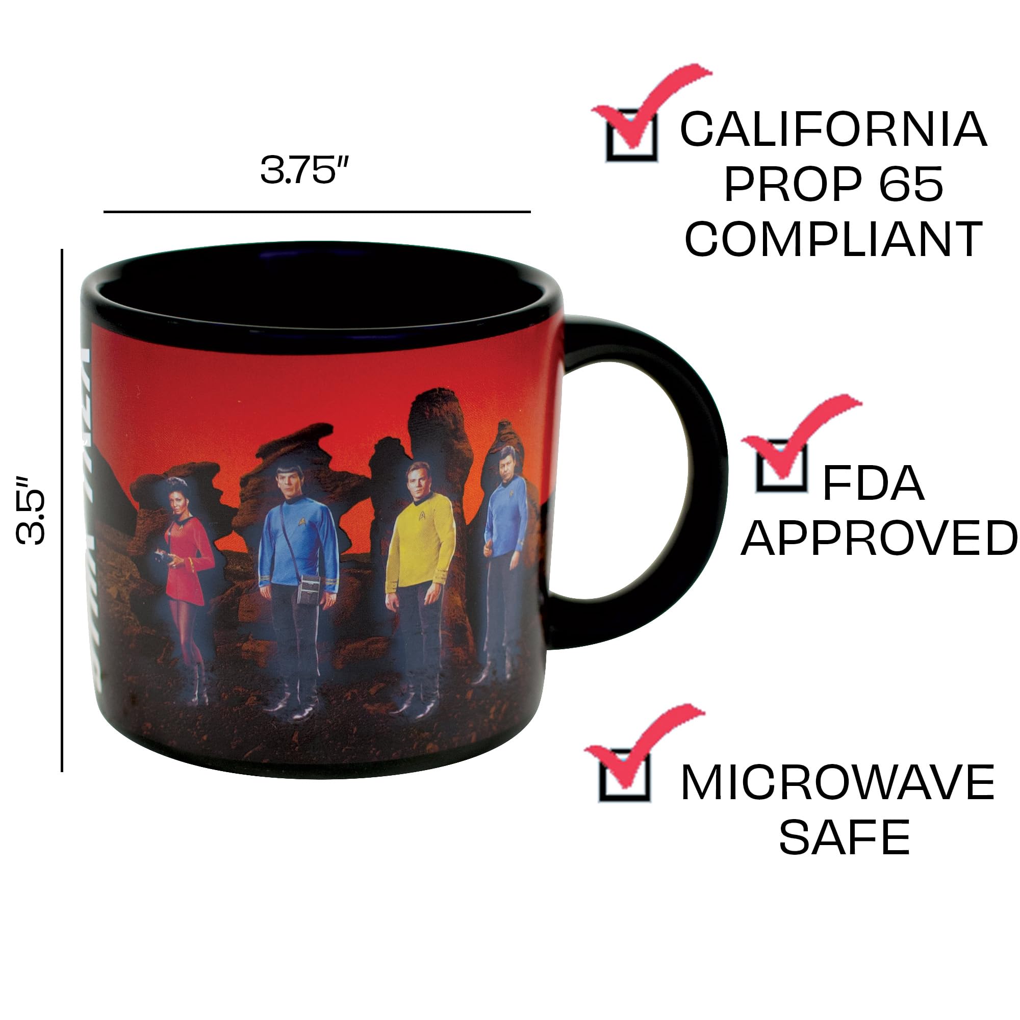 Beams on mug feature Kirk, Spock, McCoy, and Uhura for daily inspiration.
