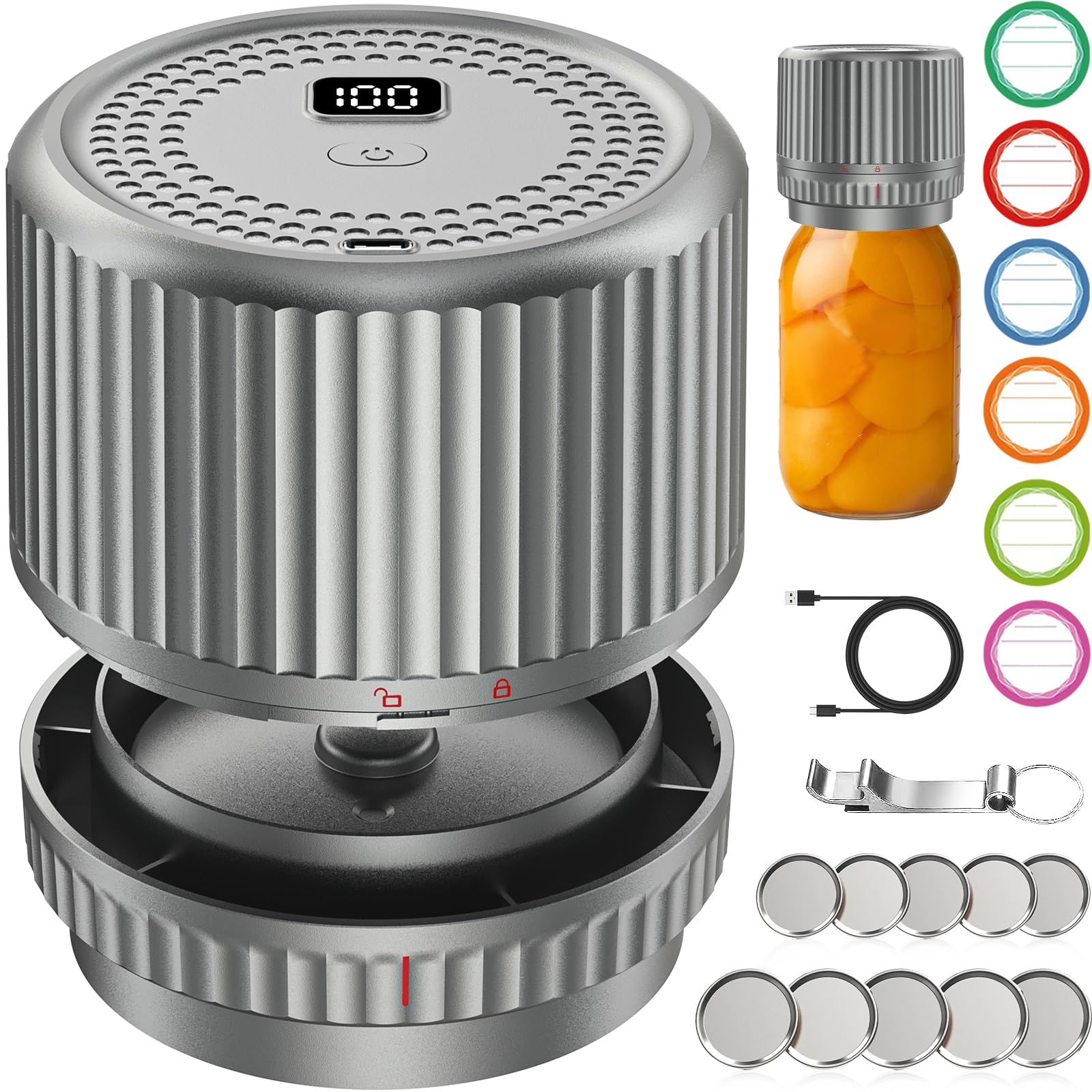 UNERVER M12 electric mason jar vacuum sealer front view showing quick cordless sealing for fresh jars.