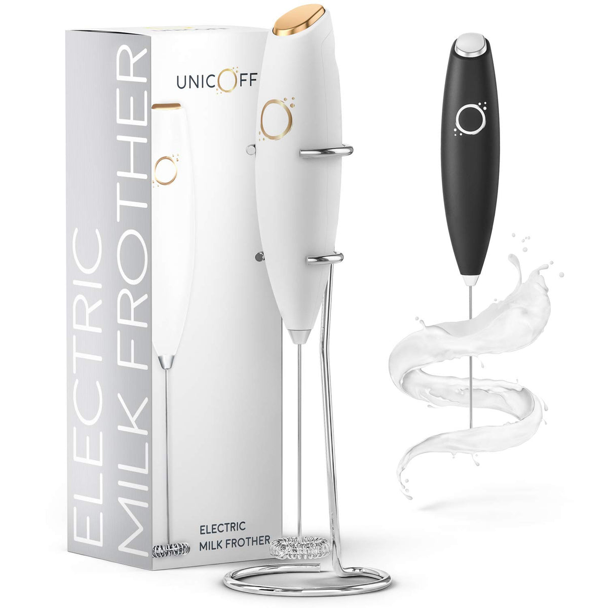 Unicoff milk frother in white and gold foams milk for lattes.