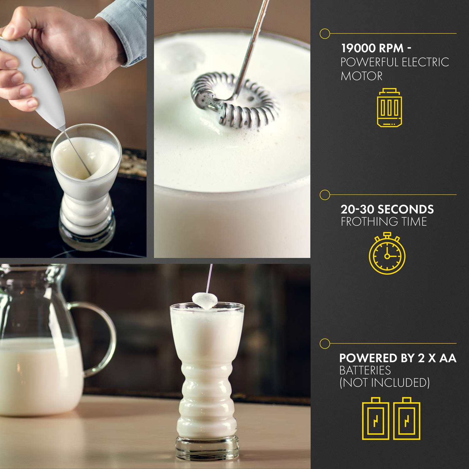 Unicoff stainless steel stand keeps the frother ready.