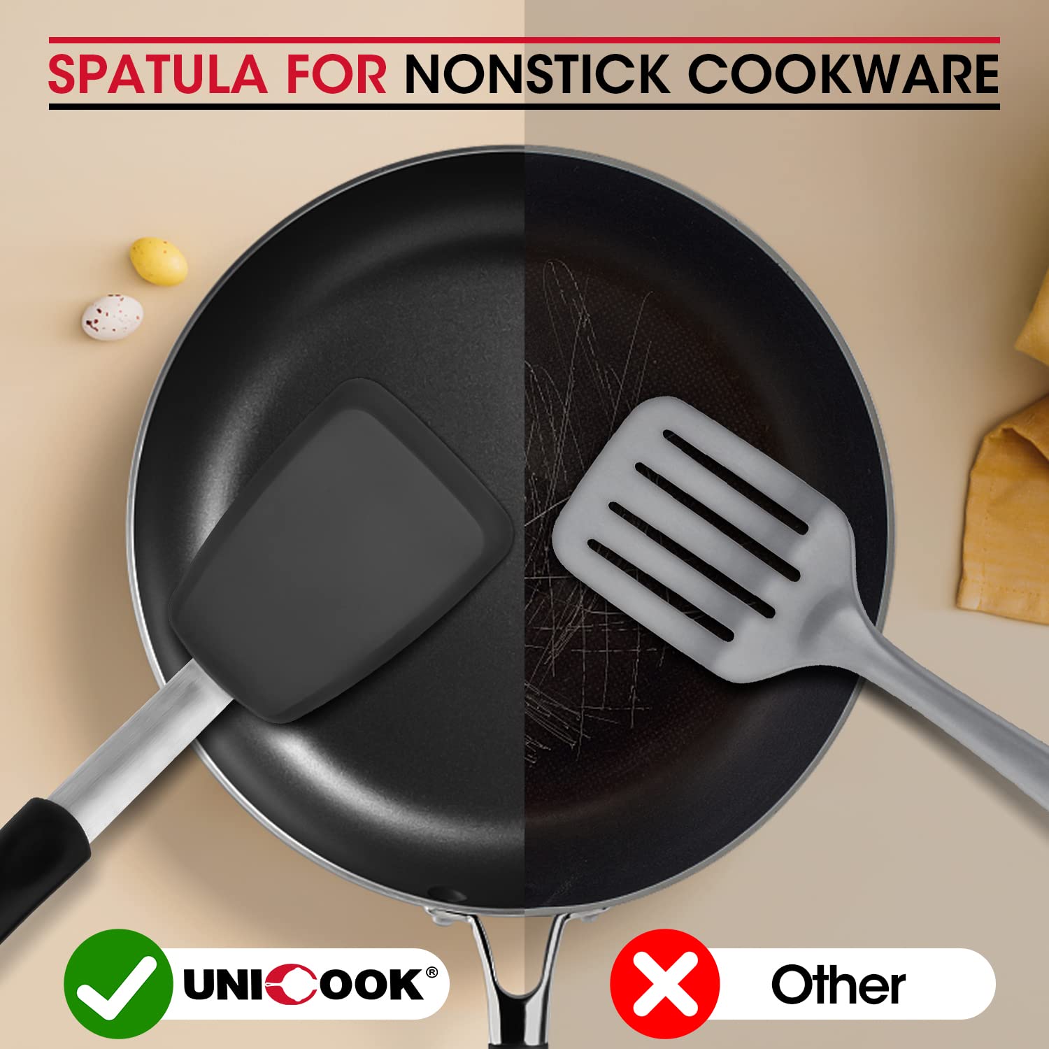 Unicook angled-edge spatula glides under food for nonstick cookware