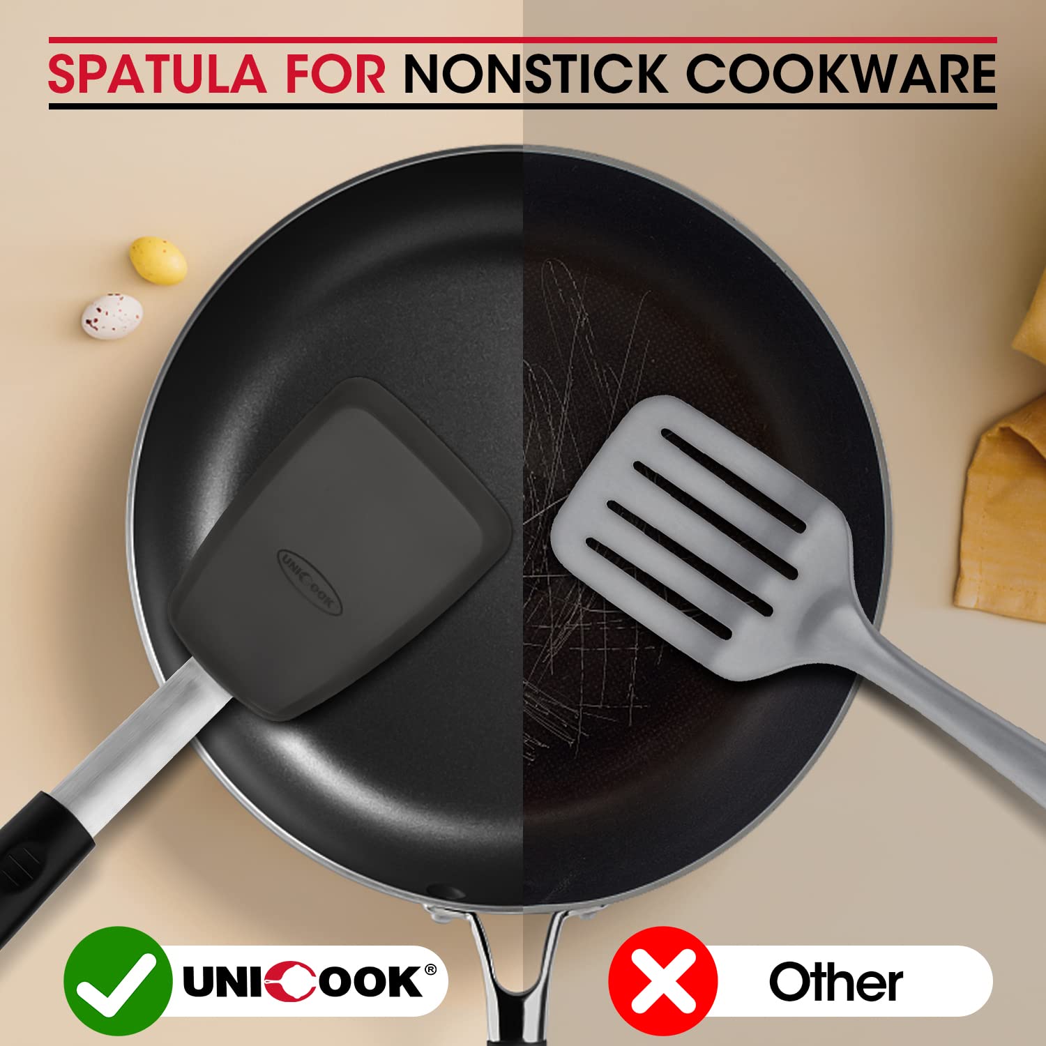 Unicook flexible silicone head glides under food without scratches.