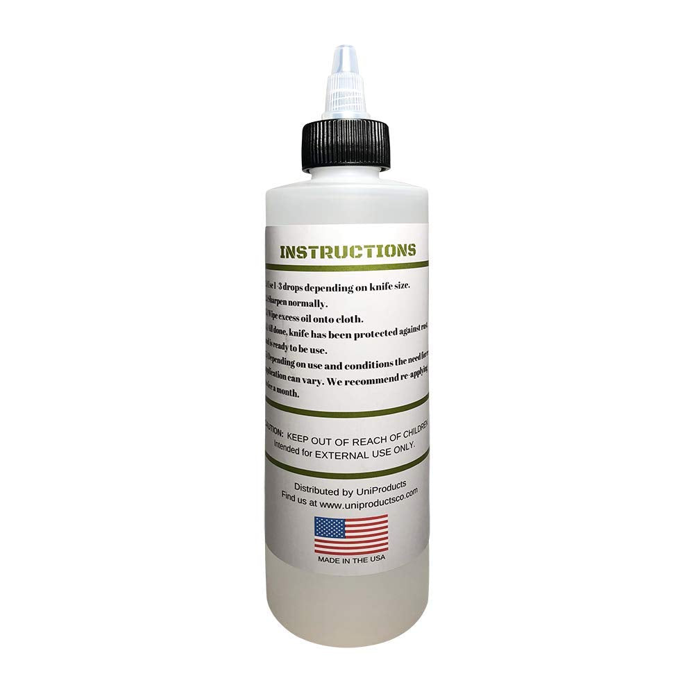 UniKitchen Premium Knife Oil pivot-area application aids rust prevention and edge-maintenance during sharpening.