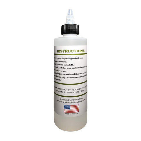 UniKitchen Premium Knife Oil pivot-area application aids rust prevention and edge-maintenance during sharpening.