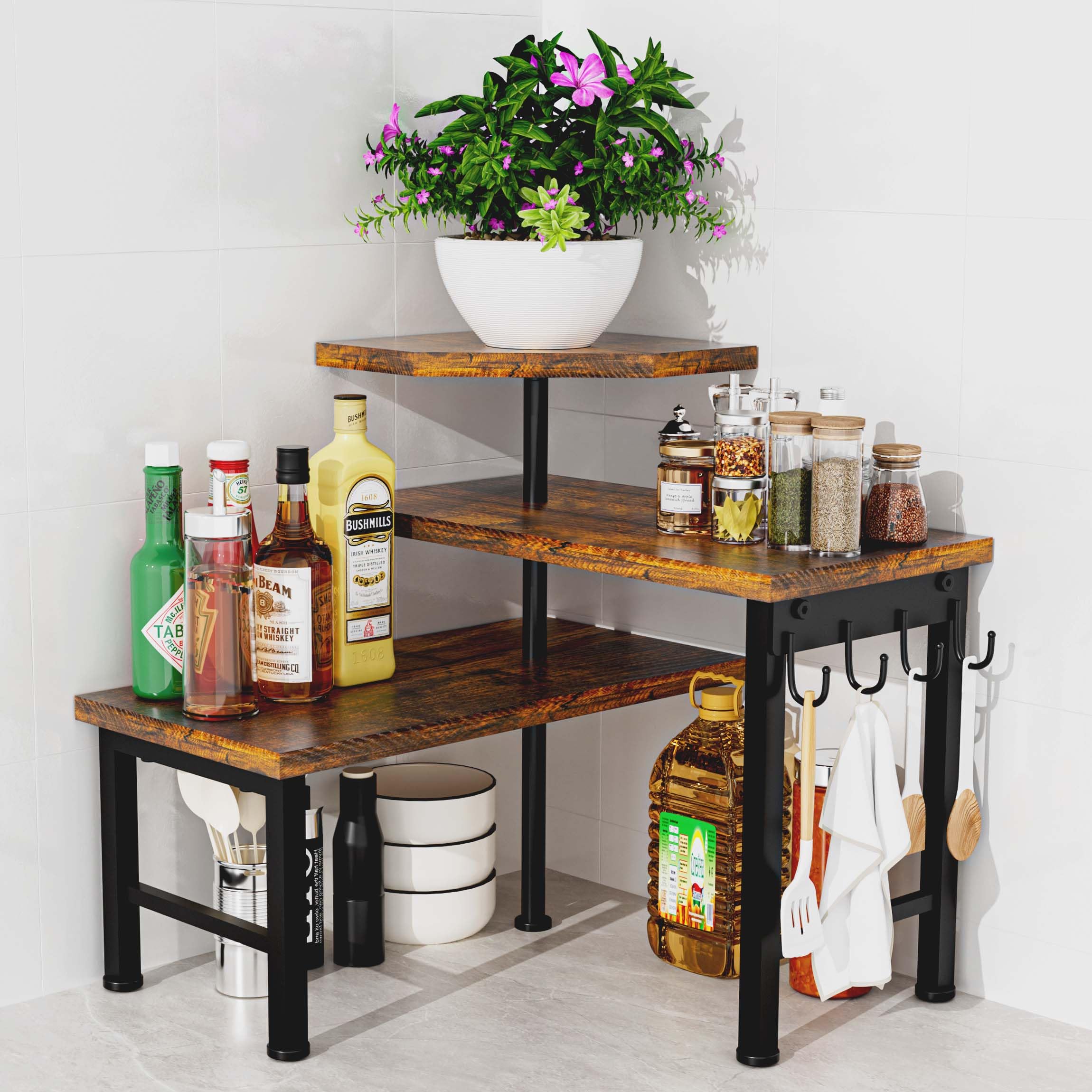 Uniqcovosa 3-tier corner shelf assembly setup saves counter space.