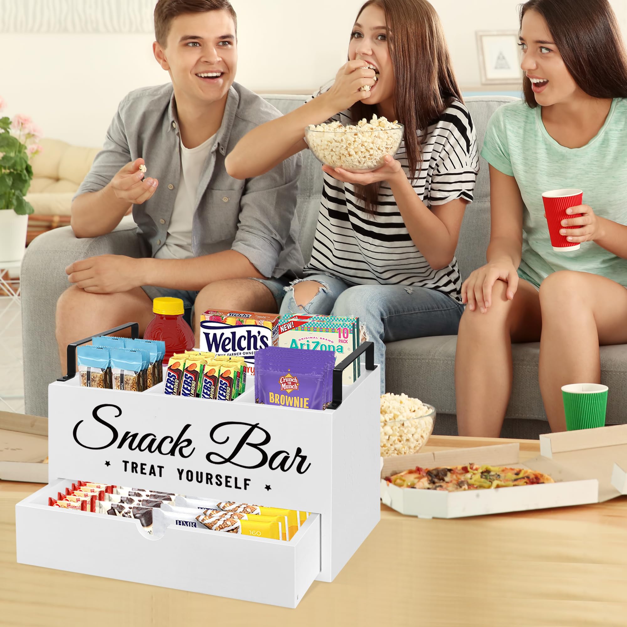 Unistyle wooden pantry bin with removable dividers keeps snacks neatly organized.